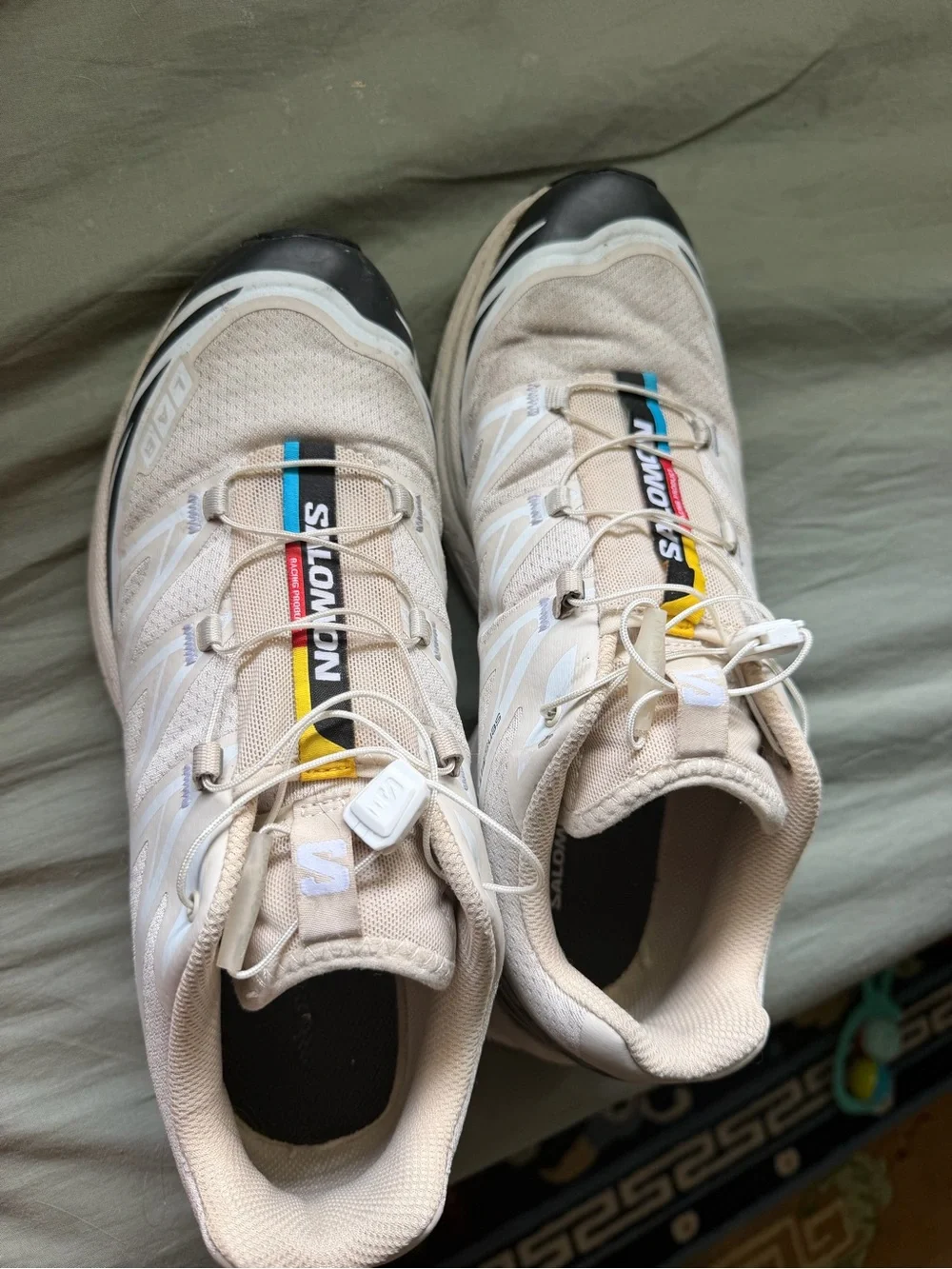 Salomon Beige Athletic Trail Shoes with Blue & Yellow Accents